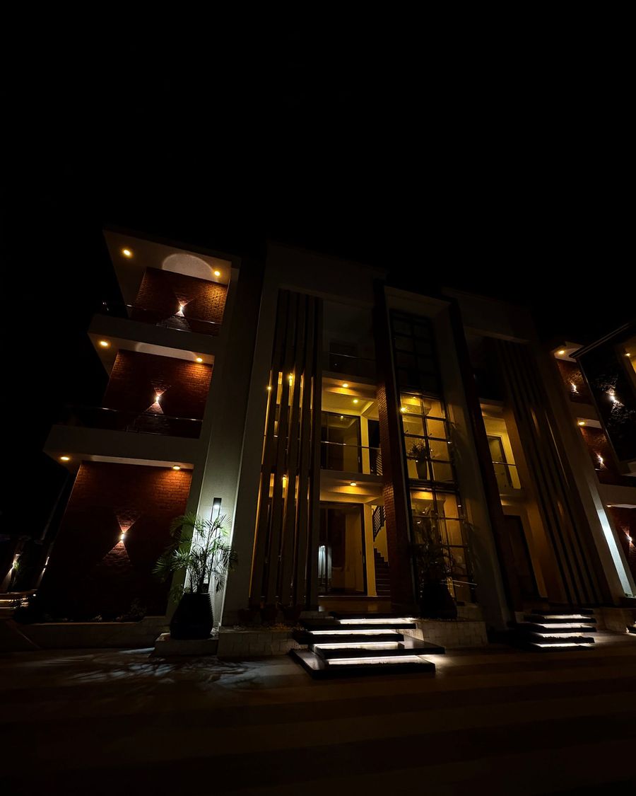Valonia Apartments at night.